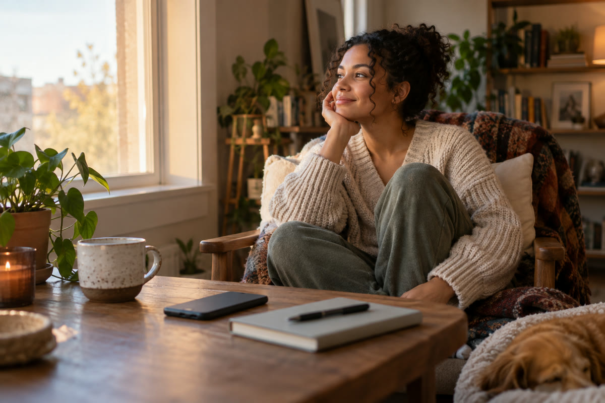 Adult taking a quiet break from a phone beside a journal