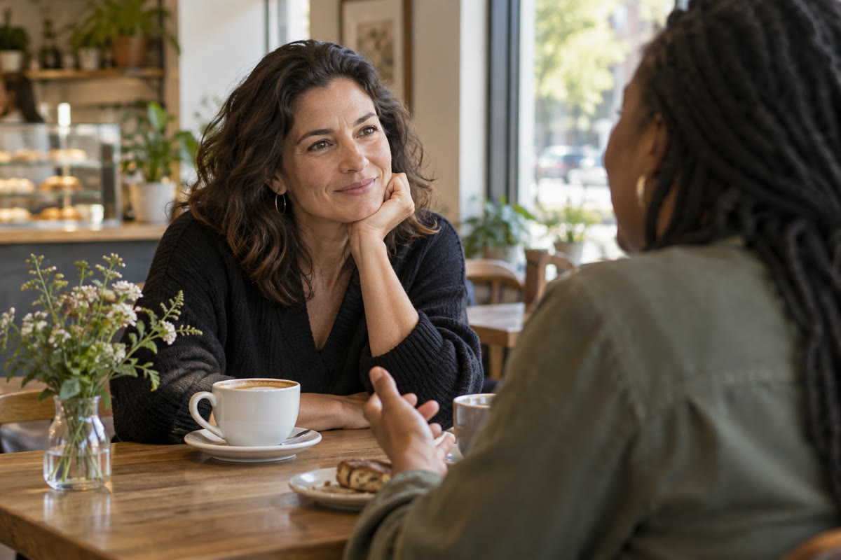 Single parent having a relaxed conversation at a cafe