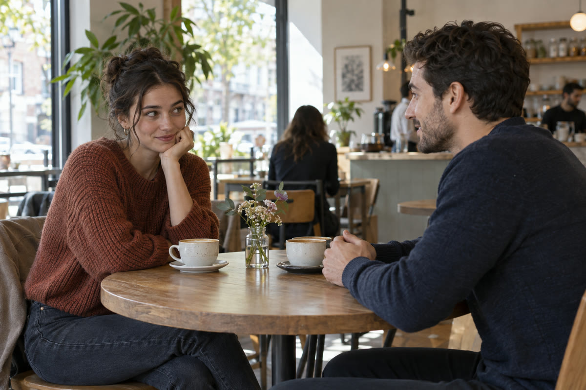 Two adults talking at a relaxed daytime cafe date