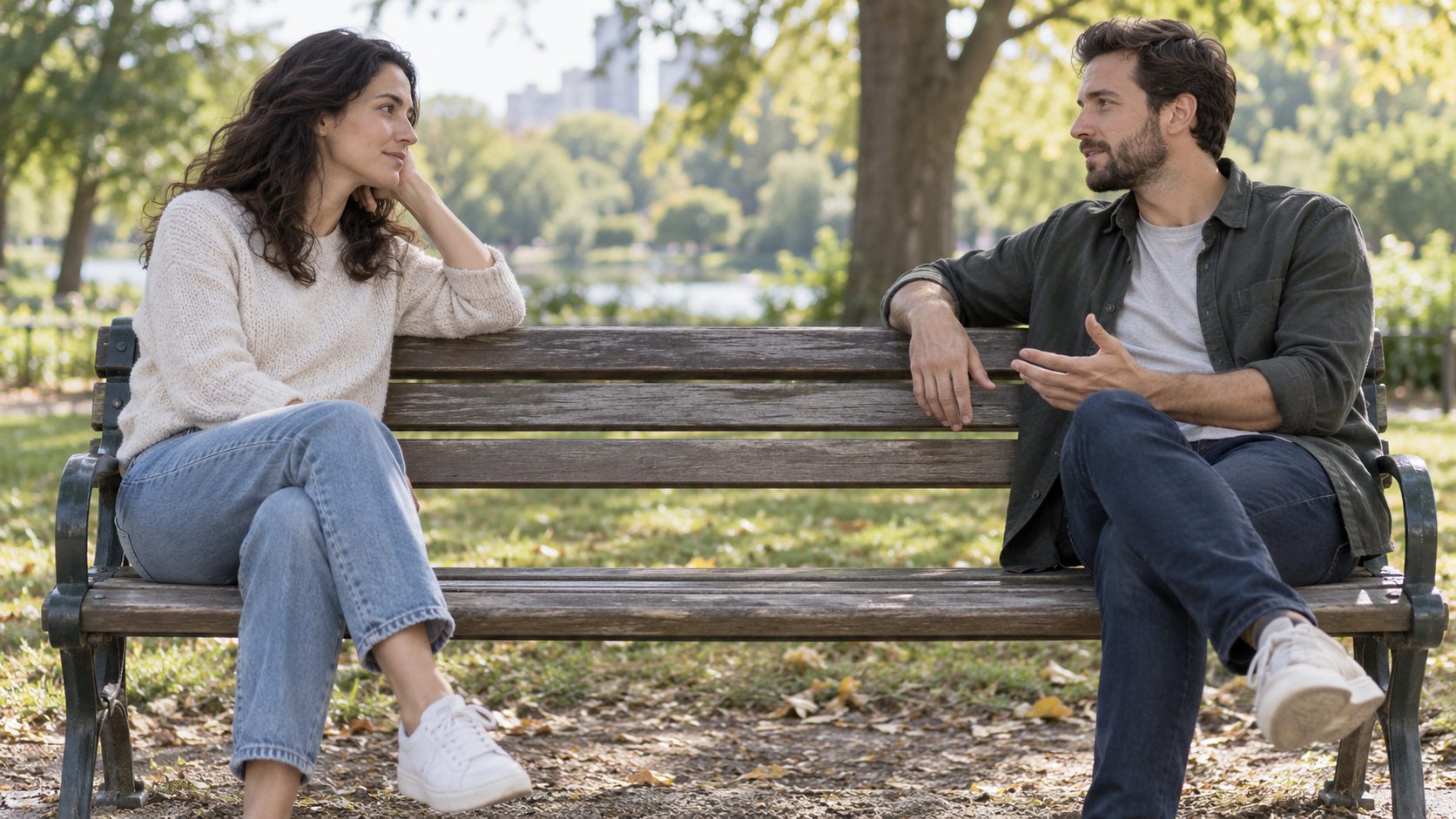 Couple talking gently with comfortable personal space on a park bench