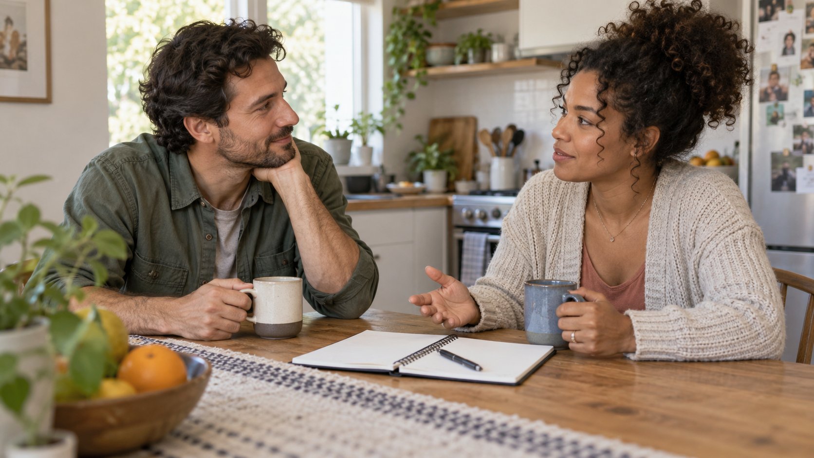 Partners discussing a shared household decision at a kitchen table
