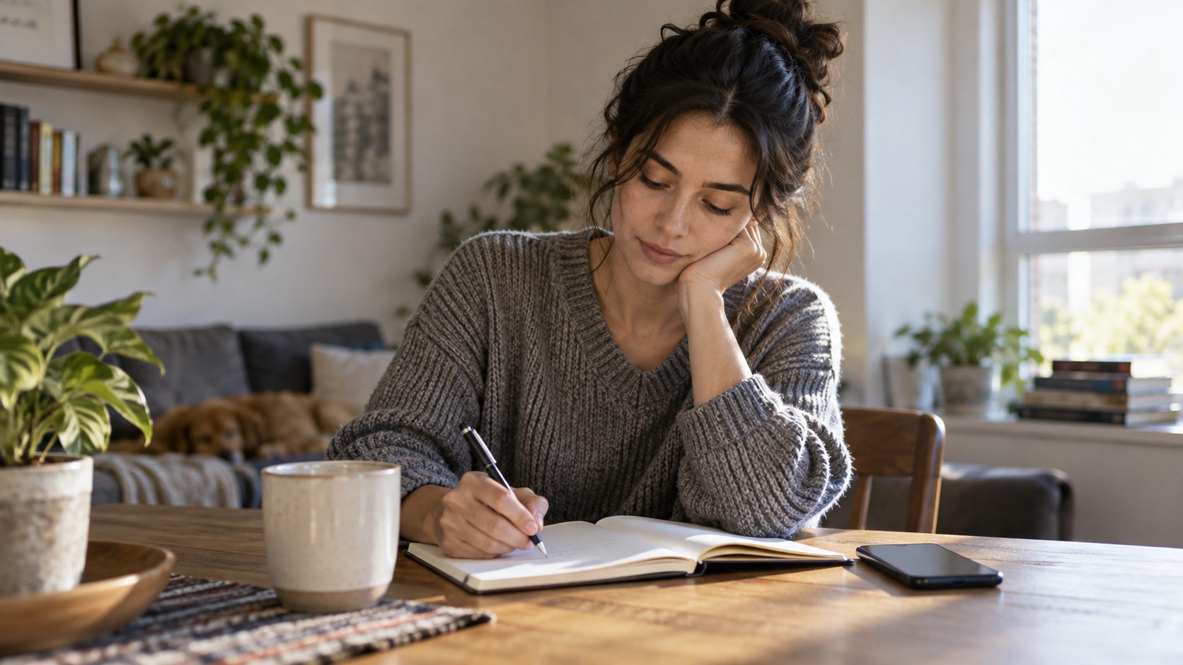 Adult writing a thoughtful note before ending an undefined dating connection