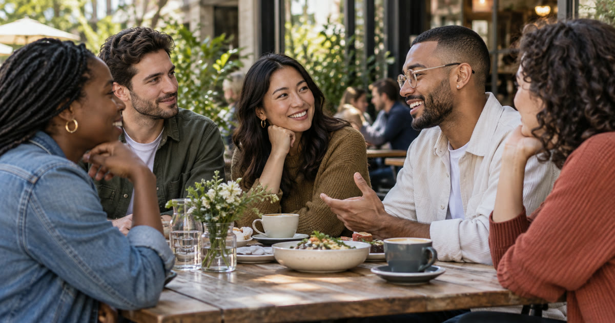 Four adults talking together at an outdoor cafe table