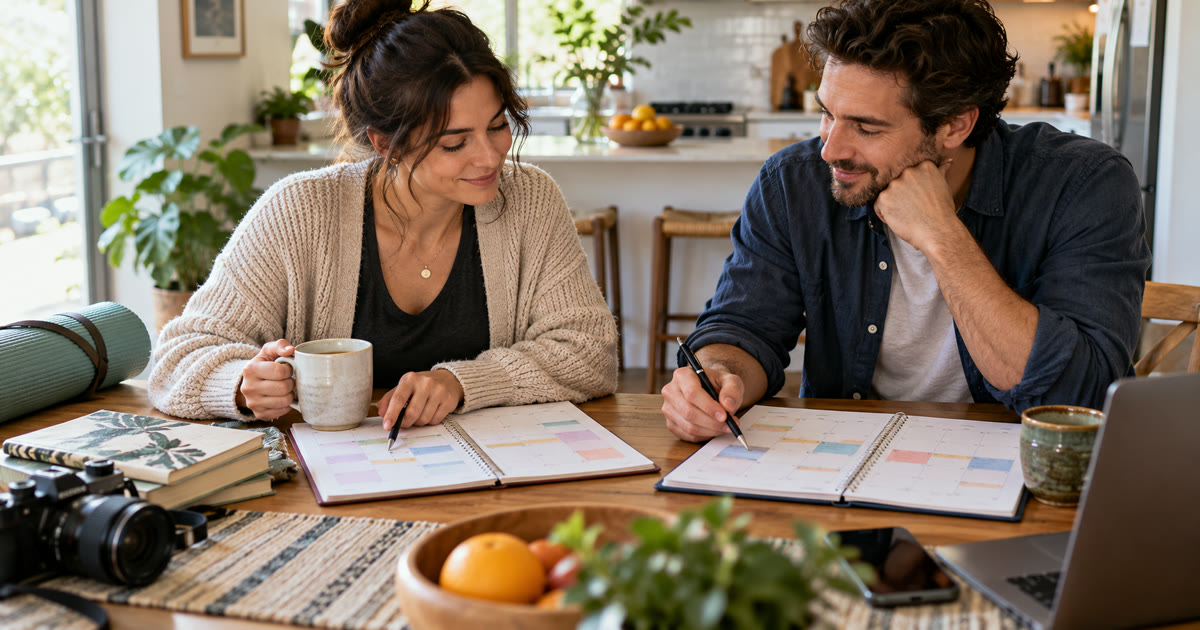 Two people sharing time together while keeping their separate plans visible on a calendar
