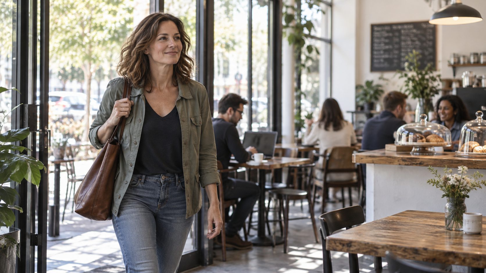 Adult entering a public cafe with a calm and hopeful expression