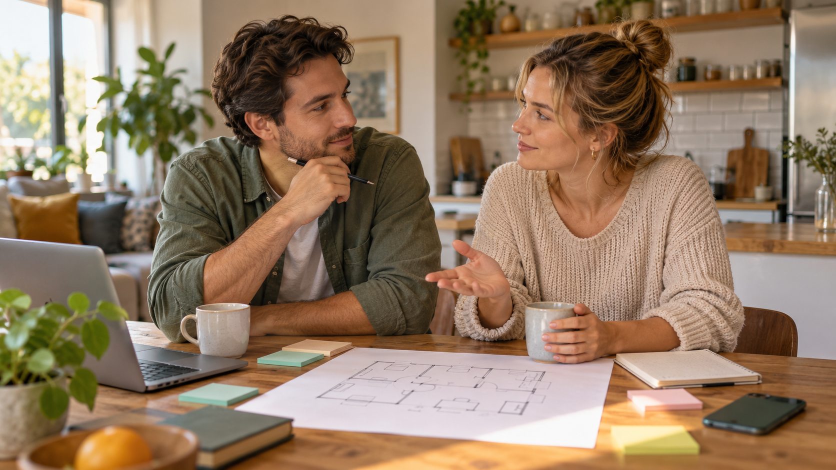 Couple discussing a shared living plan at a kitchen table