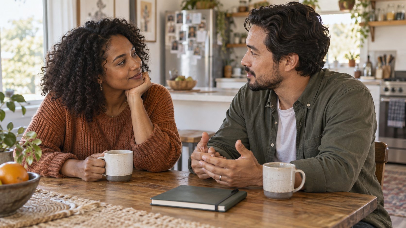 Two partners having a calm check-in conversation at home