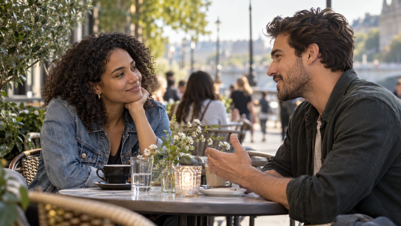 Two adults having a relaxed conversation at an outdoor cafe